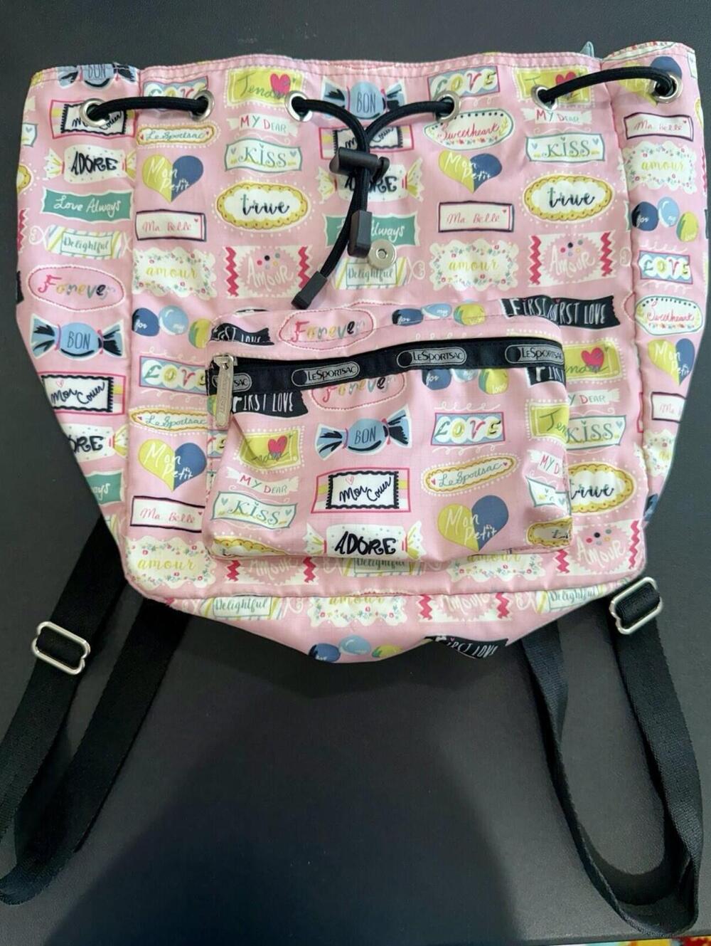 LeSportsac Mini Backpack Pink Love Print Drawstring Multicolor Bag Sweet Talk - Picture 9 of 13